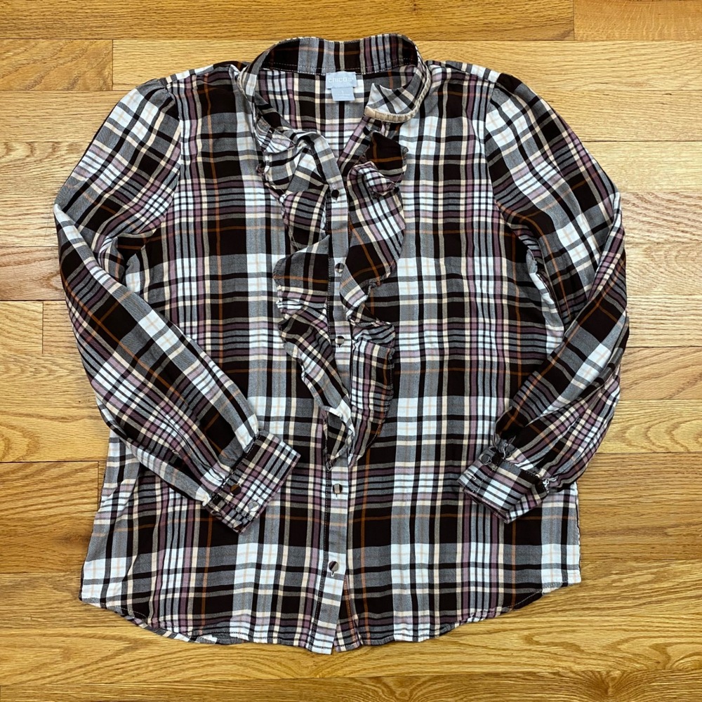 Chicos Plaid Ruffle Front Blouse Womens 1 Size 8/10 Brown Pink Dark Academia‎